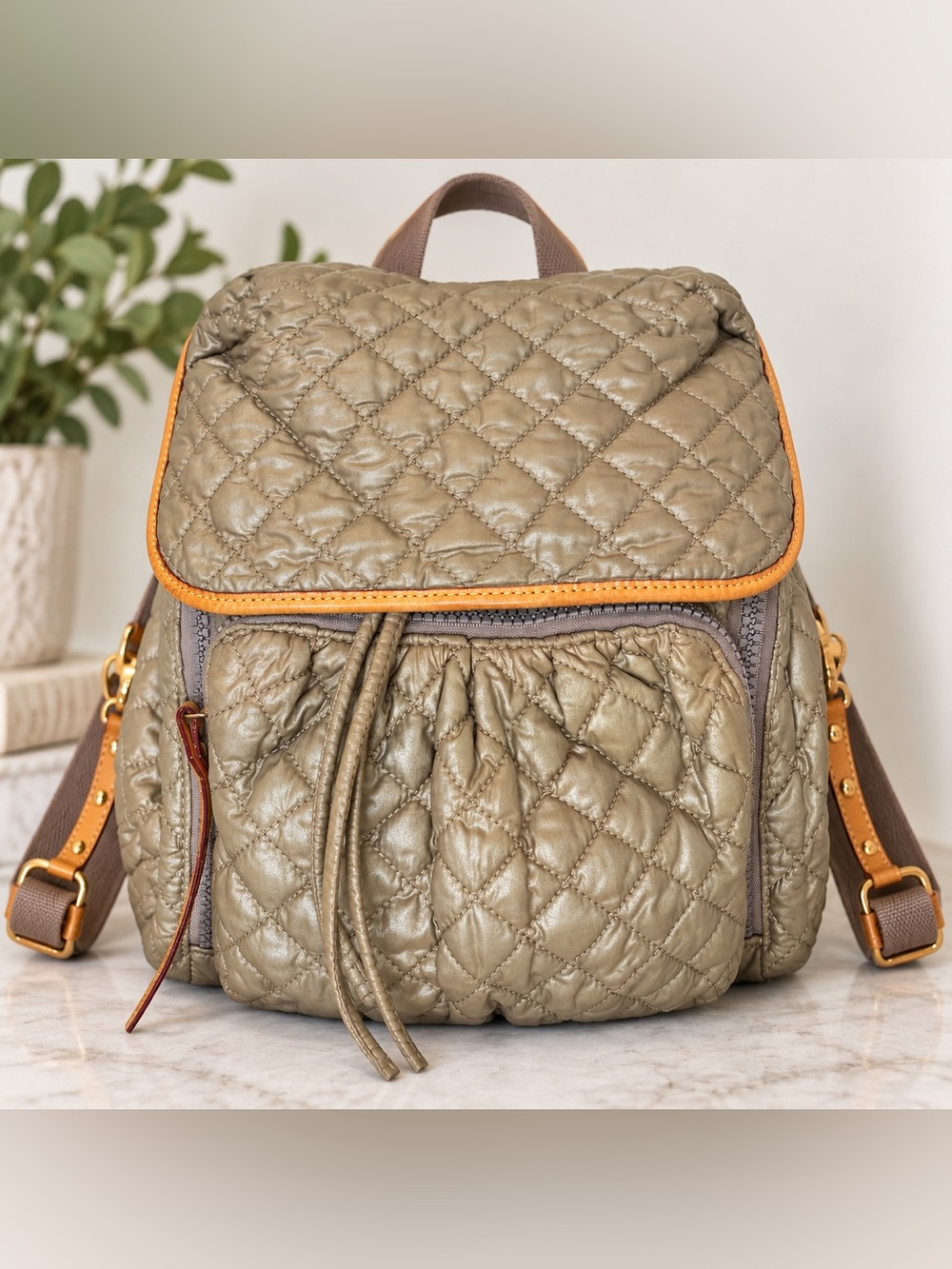MZ Wallace Metallic Taupe Quilted Nylon Leather Trim Backpack